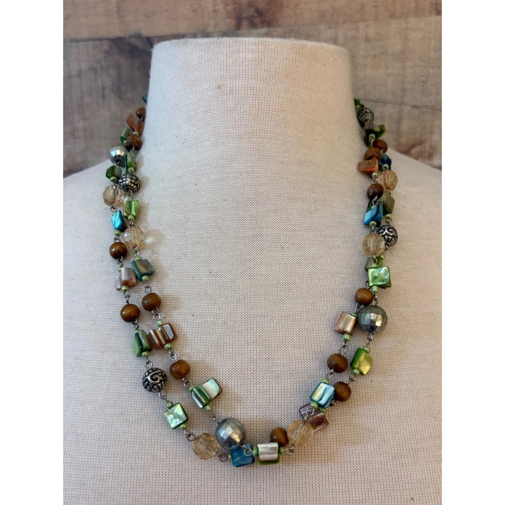 Multicolor Abalone Shell Wood Glass Bead Long Station Necklace Green Teal